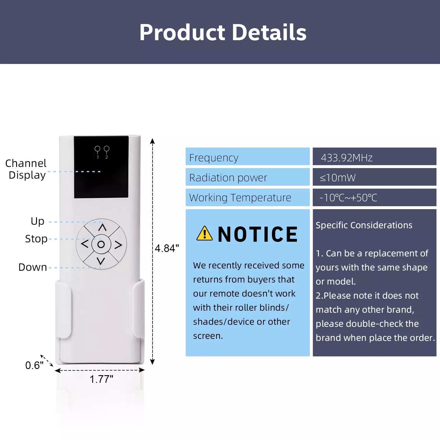 AC114-02B Remote Control (RF 433.92MHz) 2 Channel Wireless Blinds Controller for Motorized Roller Shades and Blinds