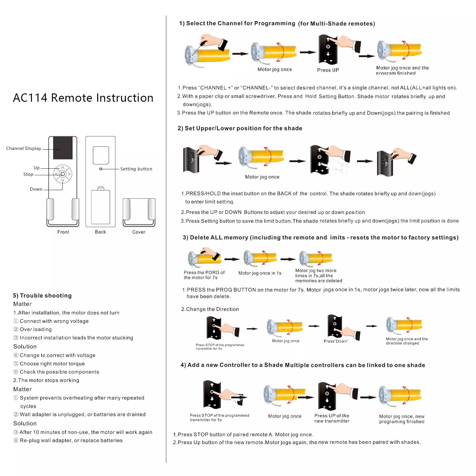 AC114-02B Remote Control (RF 433.92MHz) 2 Channel Wireless Blinds Controller for Motorized Roller Shades and Blinds
