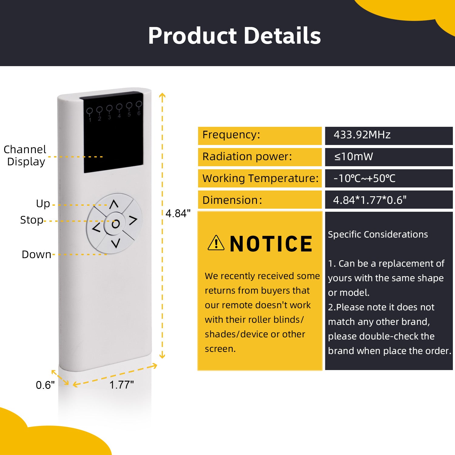 AC114-06B Blinds Remote Control (RF 433.92MHz) Compatible EL03-10HH01, YC5AC114-01, 6 Channel Wireless Blinds Controller for Motorized Roller Shades and Blinds