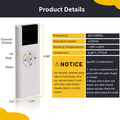 AC114-06B Blinds Remote Control (RF 433.92MHz) Compatible EL03-10HH01, YC5AC114-01, 6 Channel Wireless Blinds Controller for Motorized Roller Shades and Blinds