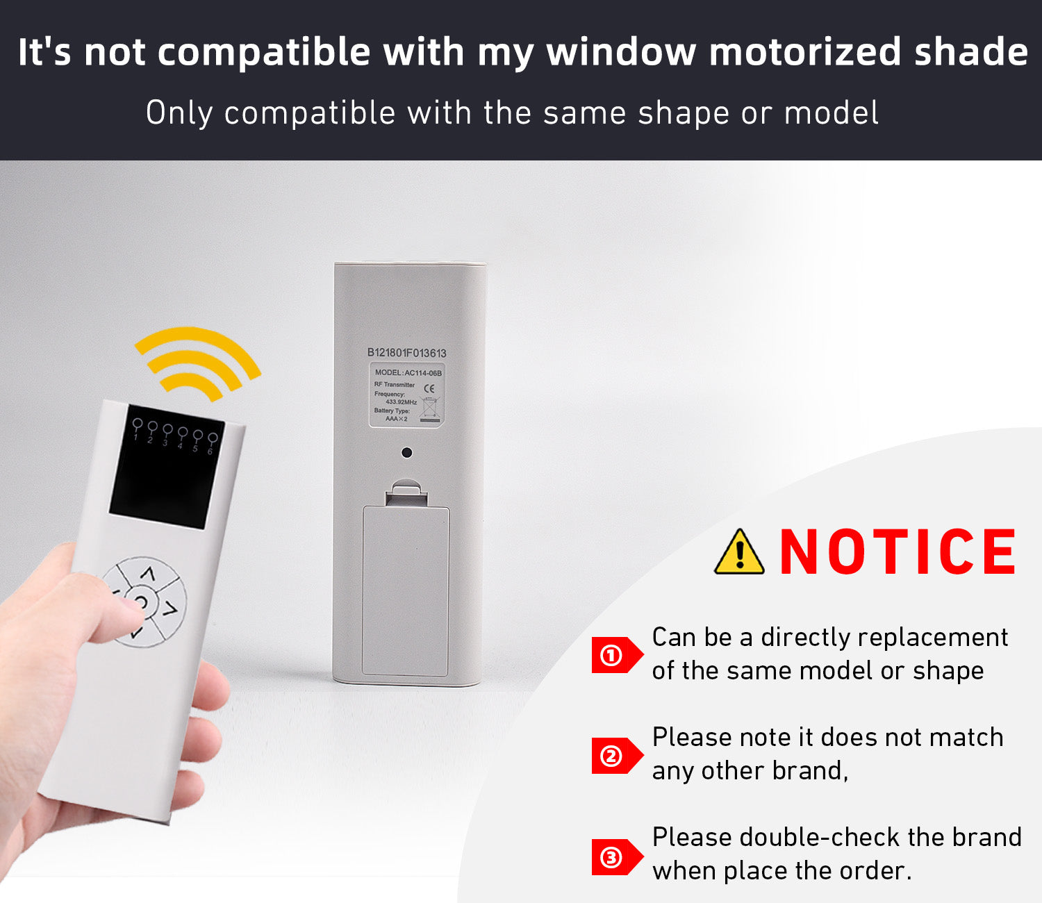 AC114-06B Blinds Remote Control (RF 433.92MHz) Compatible EL03-10HH01, YC5AC114-01, 6 Channel Wireless Blinds Controller for Motorized Roller Shades and Blinds