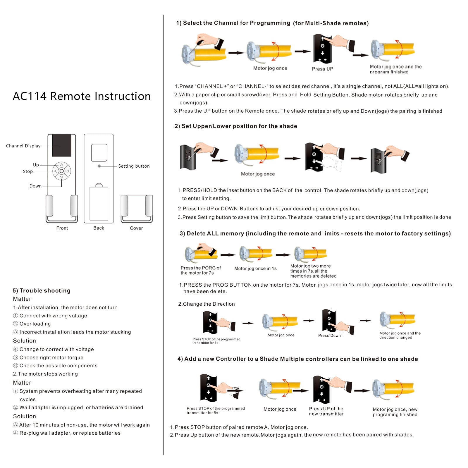 AC114-06B Blinds Remote Control (RF 433.92MHz) Compatible EL03-10HH01, YC5AC114-01, 6 Channel Wireless Blinds Controller for Motorized Roller Shades and Blinds